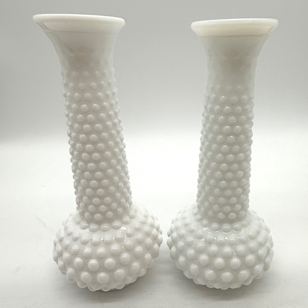 Vintage EO Brody Milk Glass Hobnail Bud Vases Set of 2 White MCM cottagecore